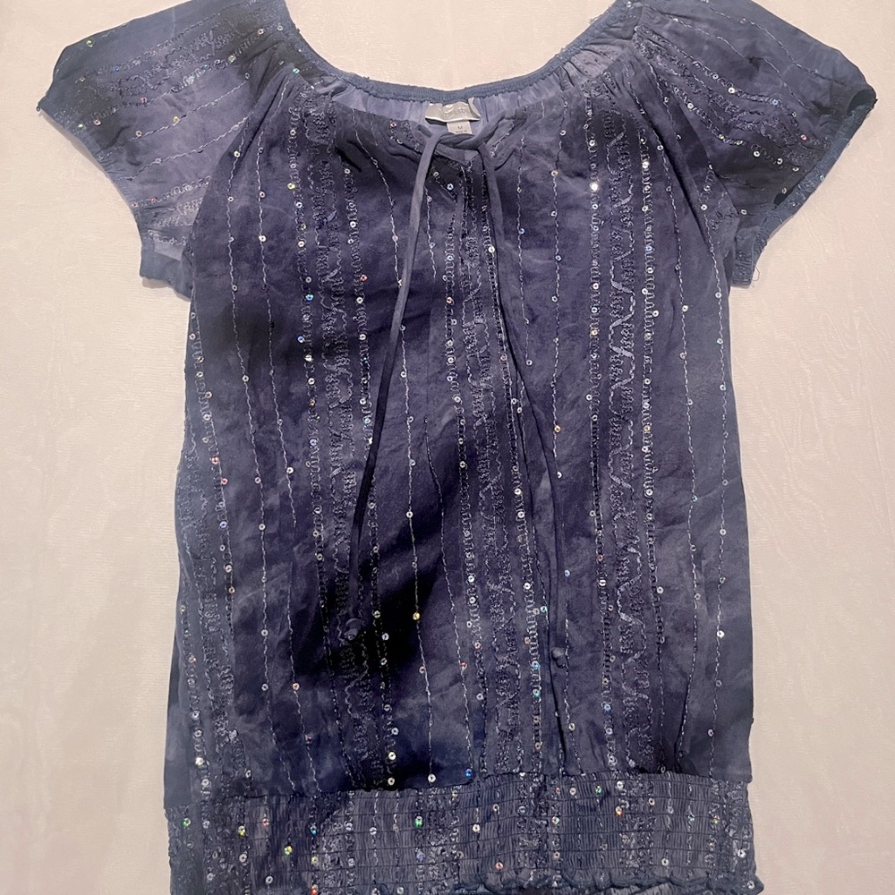 Dressbarn Navy Boho Sequin Peasant Blouse – Y2K Fairycore Festival Top